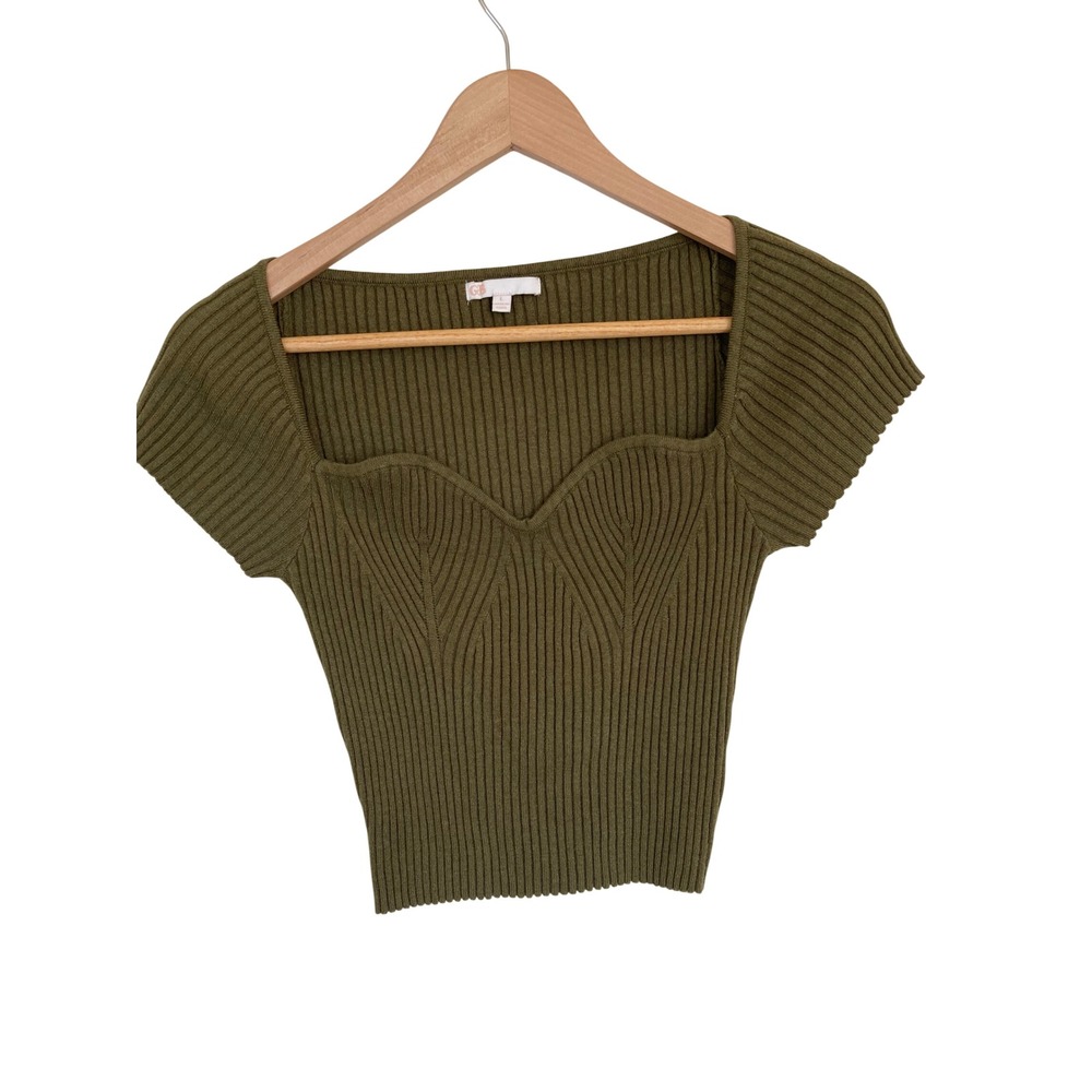 GB Olive Green Ribbed Sweetheart Neck Short Sleeve Knit Top SYD3426IMK Large